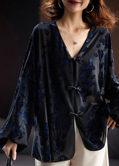 Black V Neck Embroidered Velour Shirt Fall