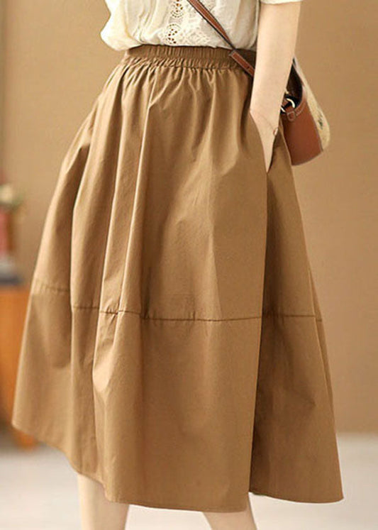French Khaki Elastic Waist Pockets Patchwork Cotton a Line Skirts Summer