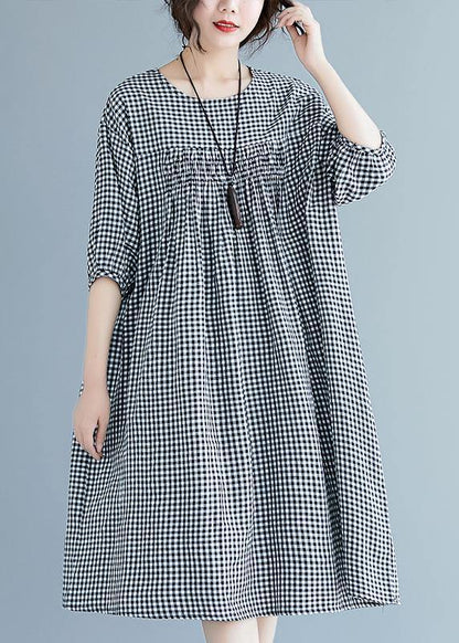 French O Neck Lantern Sleeve Clothes for Pattern Black Plaid Dresses Summer