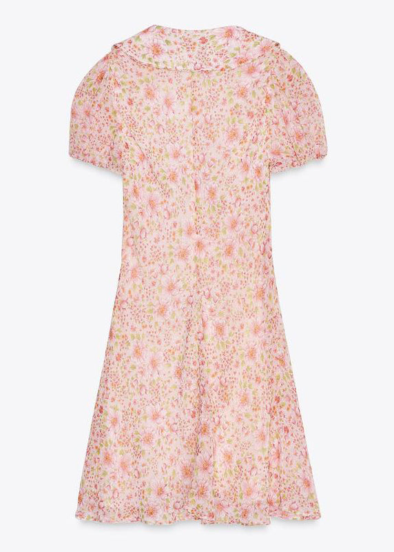 Pink Print Lace Up Cotton Mid Dress Summer