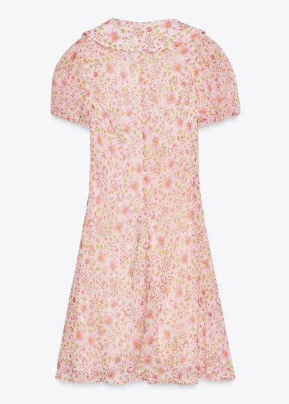 Pink Print Lace Up Cotton Mid Dress Summer
