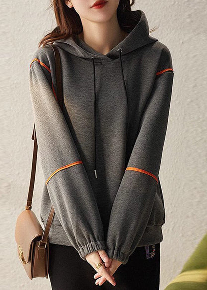 Grey Hooded Lace Up Patchwork Cotton Sweatshirts Long Sleeve
