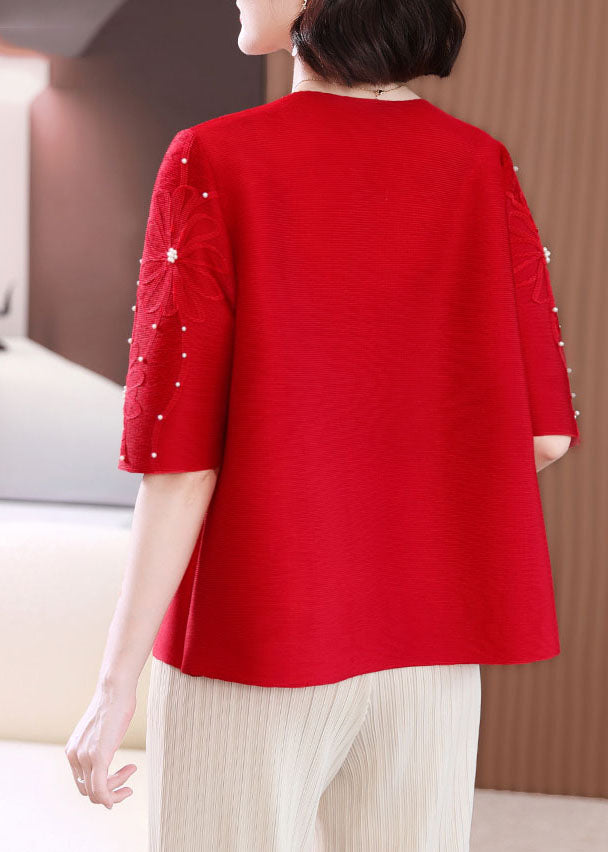 Red Embroidered Nail Bead T Shirts Summer