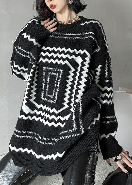 Black O-neck Plaid Cozy Thick Knit Sweater Winter
