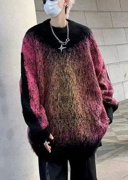 Red Gradient Color Patchwork Knit Sweater Winter