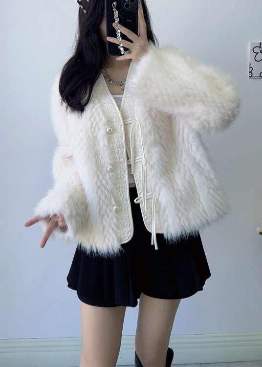 Apricot V Neck Tasseled Patchwork Mink Velvet Jacket Winter