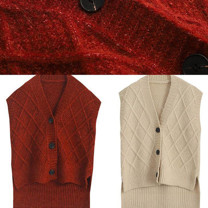 Burgundy Sweater Tops Loose Fitting Sleeveless Knitwear V Neck