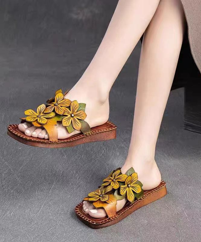 Handmade Cowhide Leather Yellow Green Slide Sandals