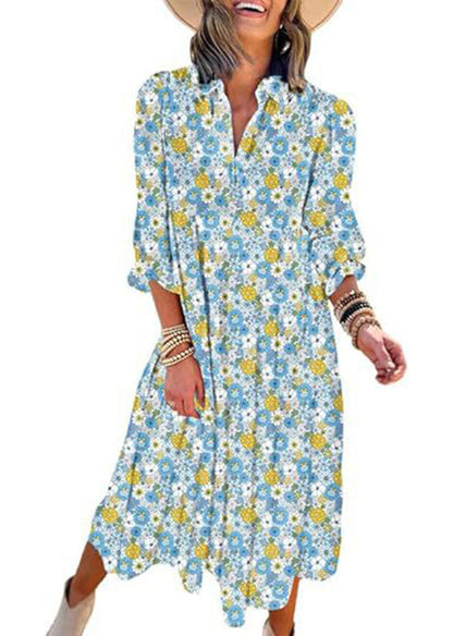 Blue Print Wrinkled Patchwork Chiffon Dress Fall