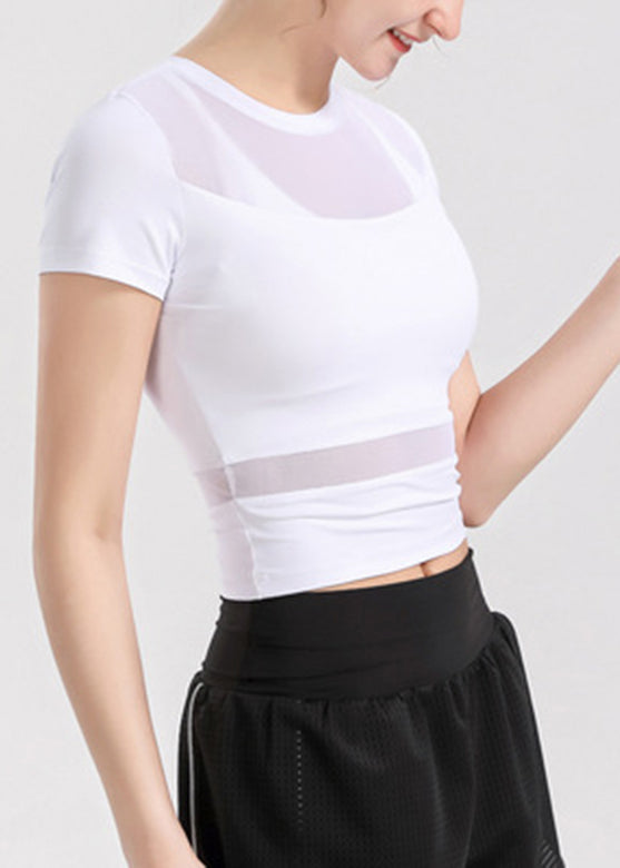 White Tulle Patchwork Short Sleeve Yoga Top