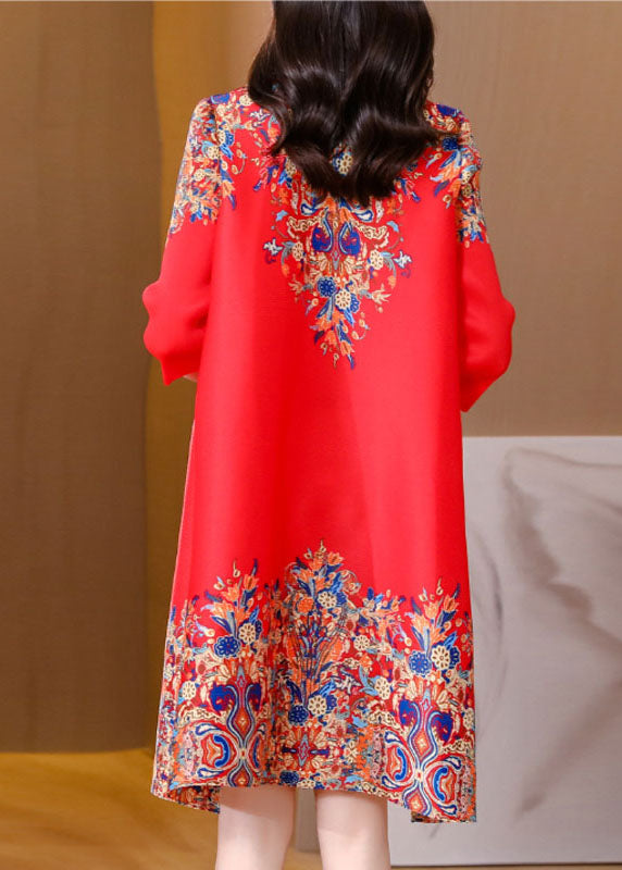 Red Print Silk Mid Dress Mandarin Collar Oriental Button Half Sleeve