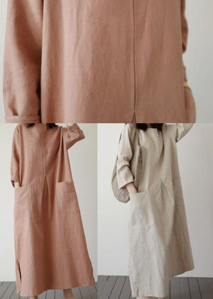 Italian Beige O-neck Side Open Cotton Dress Spring