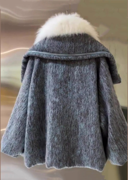 Grey Fur Collar Pockets Cotton Filled Coat Winter