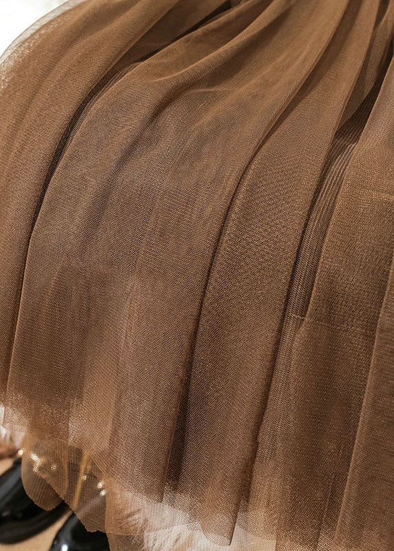 Chocolate High Waist Patchwork Corduroy Wrinkled Tulle Skirt Spring