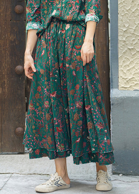 Green Print Cotton a Line Skirts Double-deck Spring