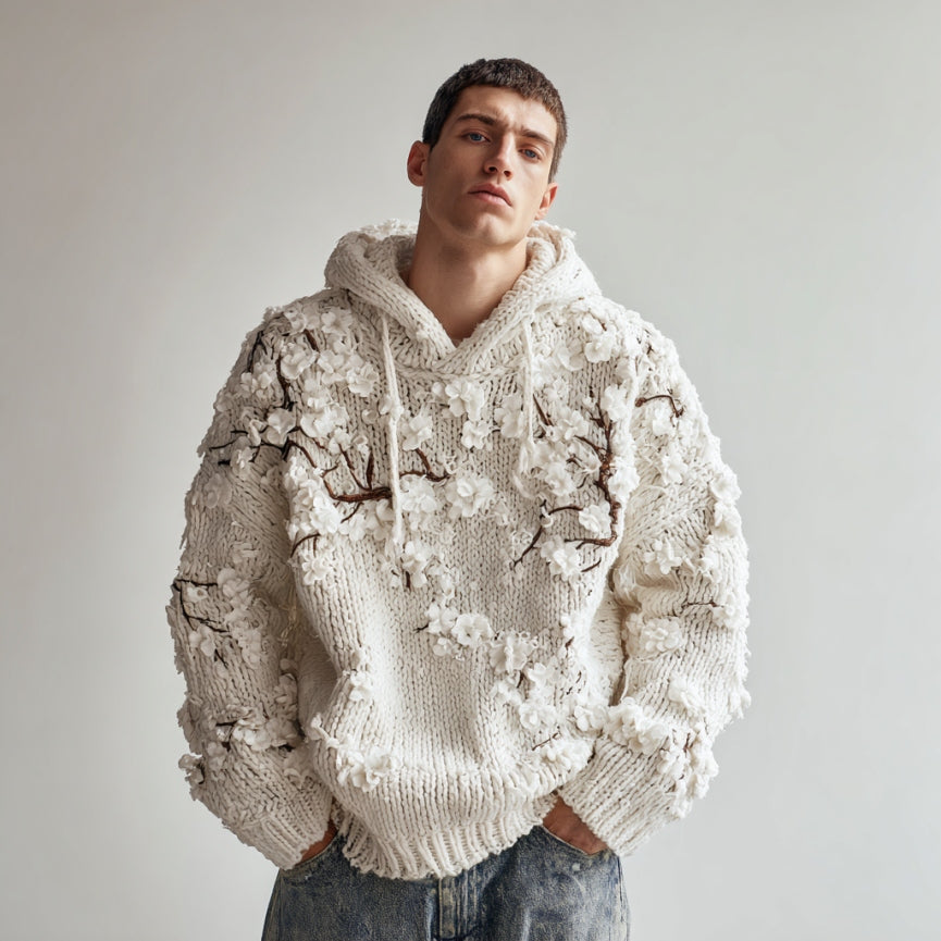 Men's Japanese White Almond Blossom Warm Hooded Sweater elevenforest