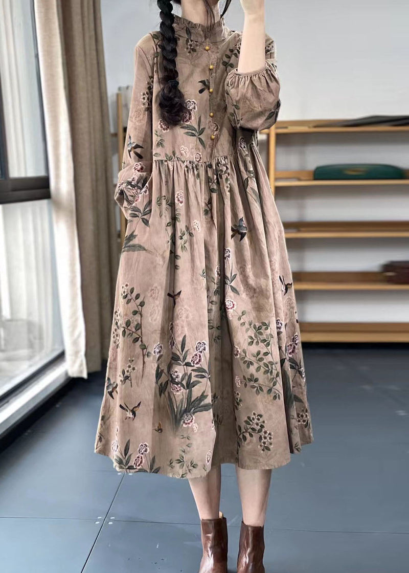 Khaki Button Ruffled Print Dress