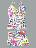 V-Neck Vintage Fish Print Suspender Skirt Tankini Pantskirt Set Swimsuit