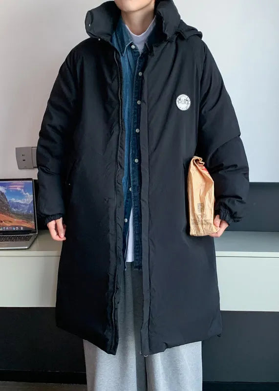 Simple Black Hooded Pockets Coats Parkas Winter