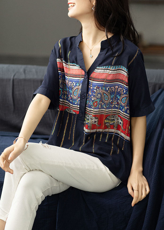 Navy Print Zircon Patchwork Cotton Shirt Tops Summer