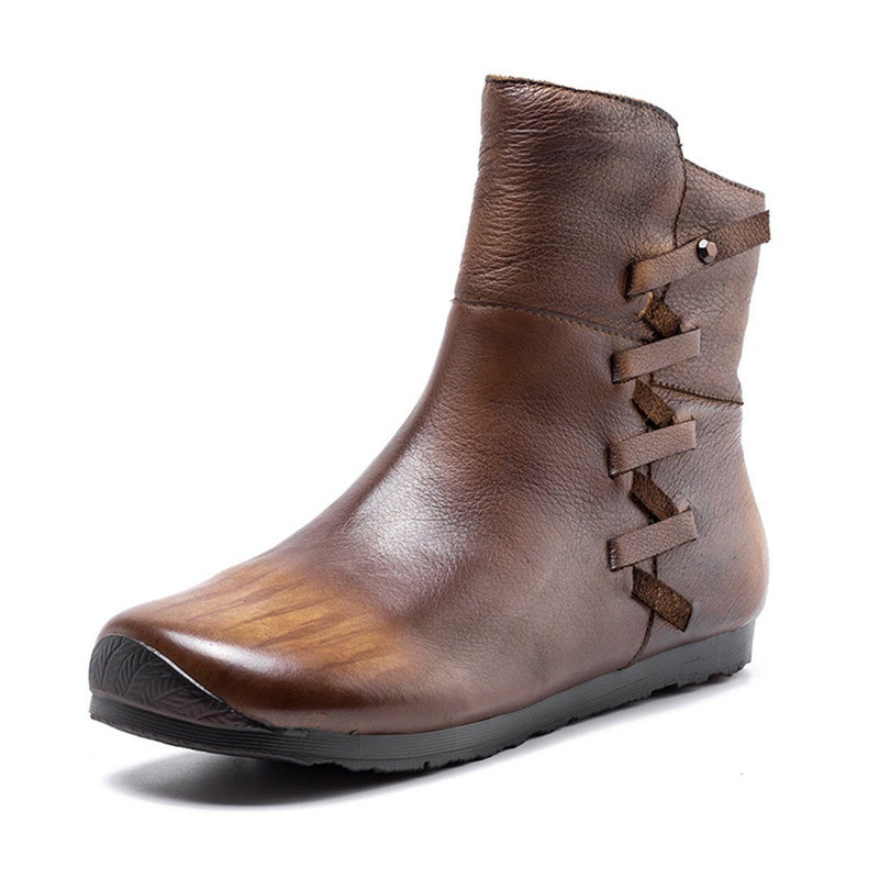 Cozy Side Zippers Leather Flats Martin Boots