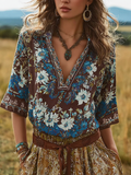 Bohemian Style Plant And Flower Pattern Women's Cotton And Linen T-shirt elevenforest