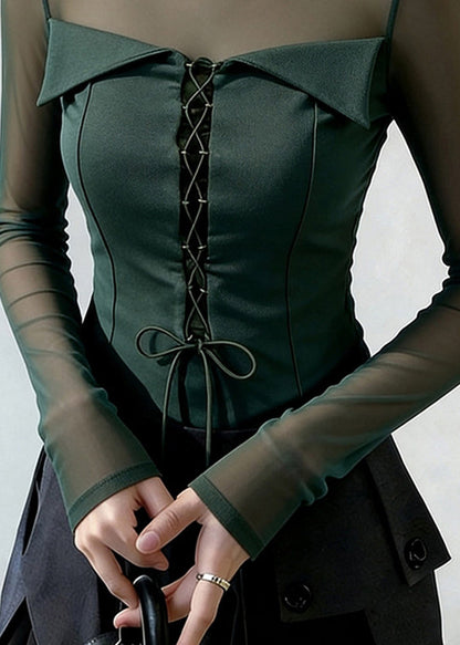 Blackish Green Cross Strap Patchwork Tulle Blouse Tops Spring