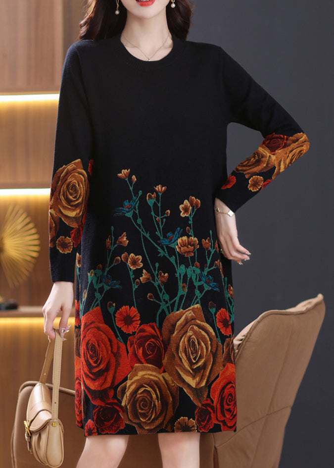 French Black O-neck Print Wool Knit Dresses Spring