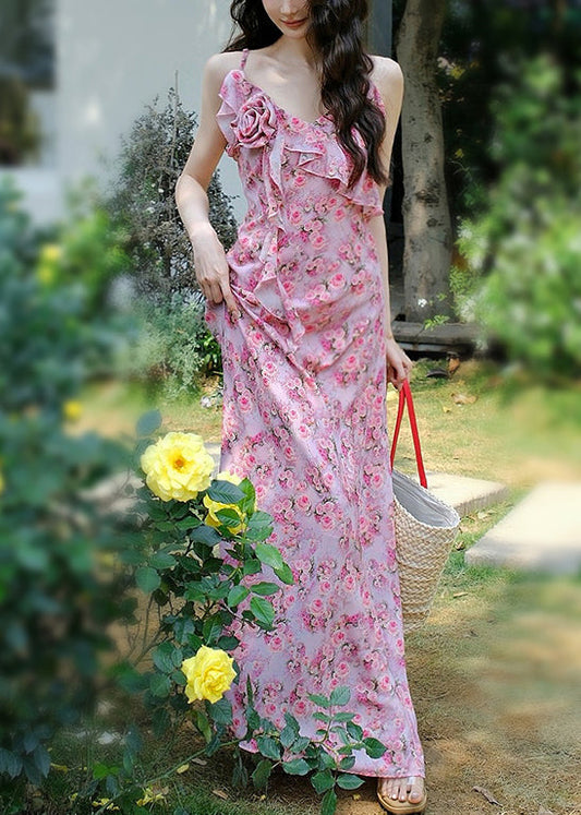 Pink V Neck Print Spaghetti Strap Dress Sleeveless