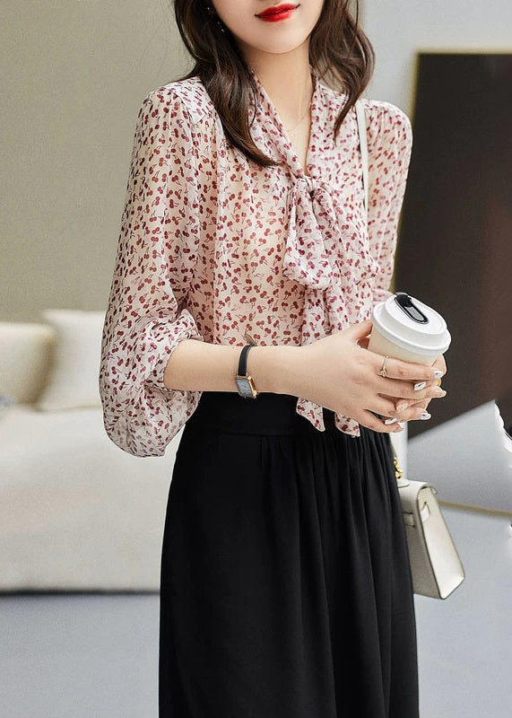 Red Bow Print Silk Tops Long Sleeve