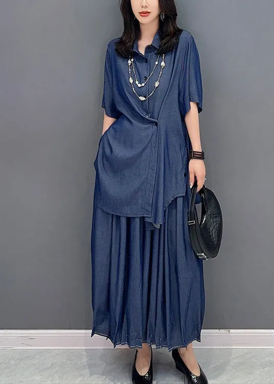 Natural Blue Peter Pan Collar Button Shirts and Maxi Skirts Two Piece Set Summer
