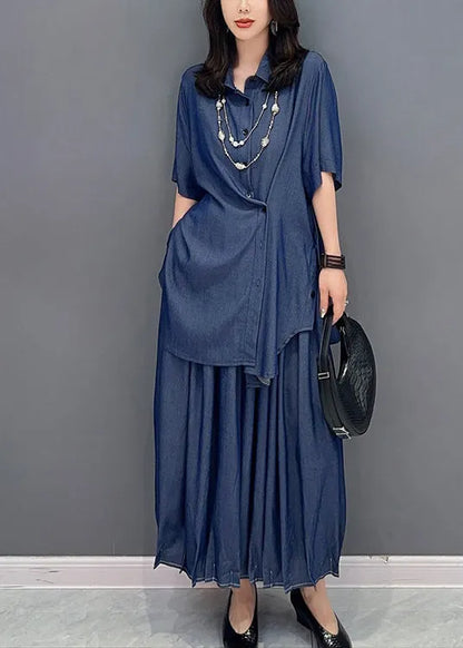 Natural Blue Peter Pan Collar Button Shirts and Maxi Skirts Two Piece Set Summer