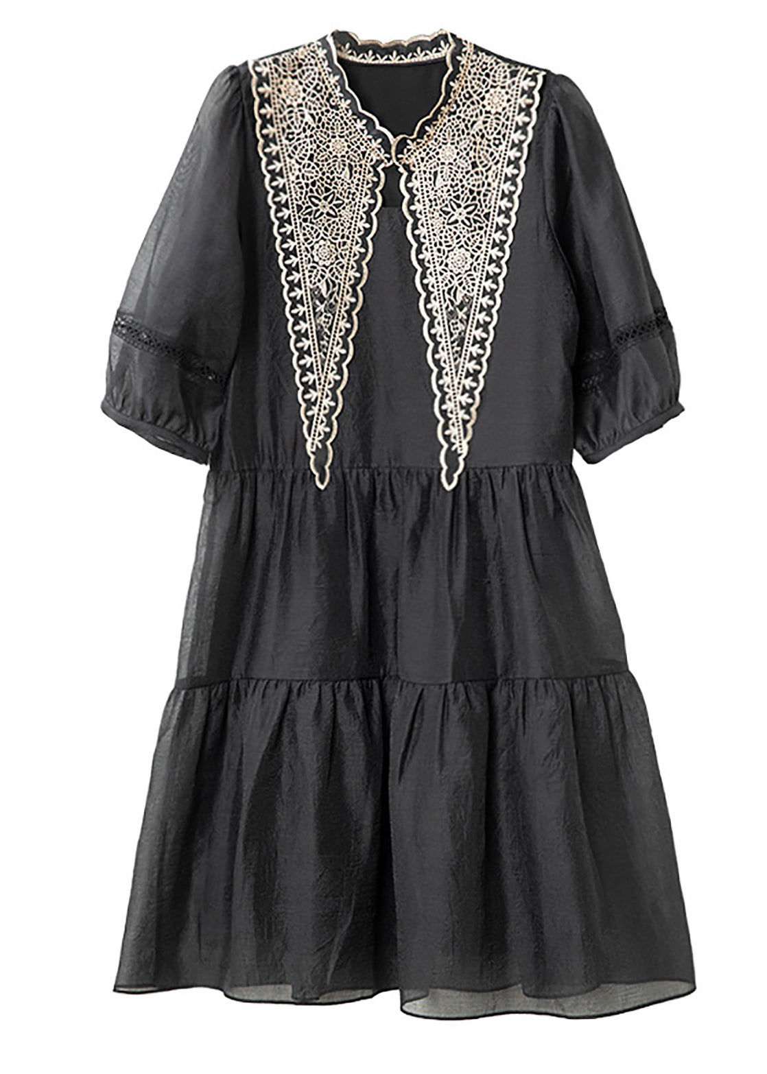 Black Patchwork Cotton Mid Dress Puff Sleeve