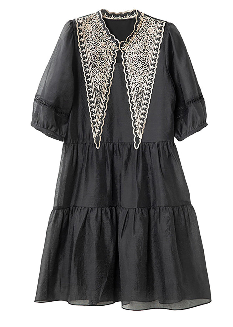 Black Patchwork Cotton Mid Dress Puff Sleeve