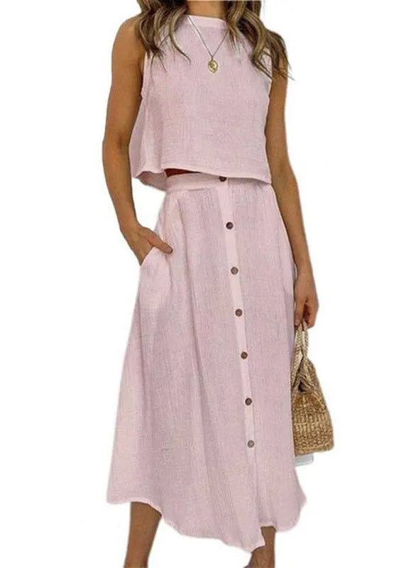Brief Blue O-neck Top and Maxi Skirts Two Pieces Set Summer