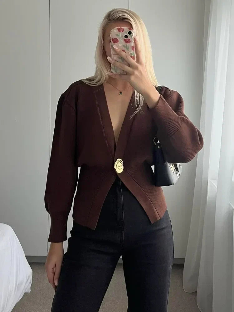 Brigida® | Stylish women's knitted sweater with a button placket in a solid color