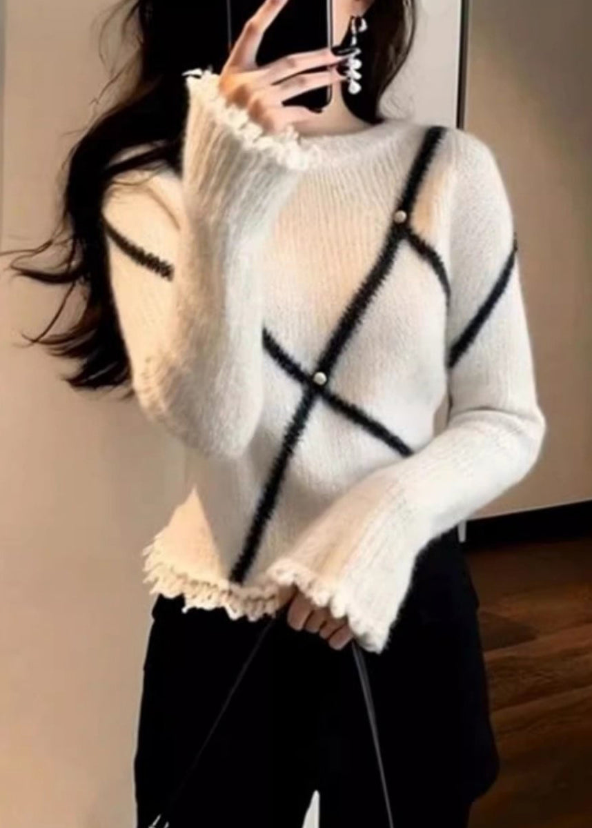 White O-neck Striped Pearl Cotton Knit Sweater Flare Sleeve