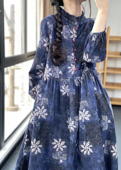 Khaki Button Ruffled Print Dress