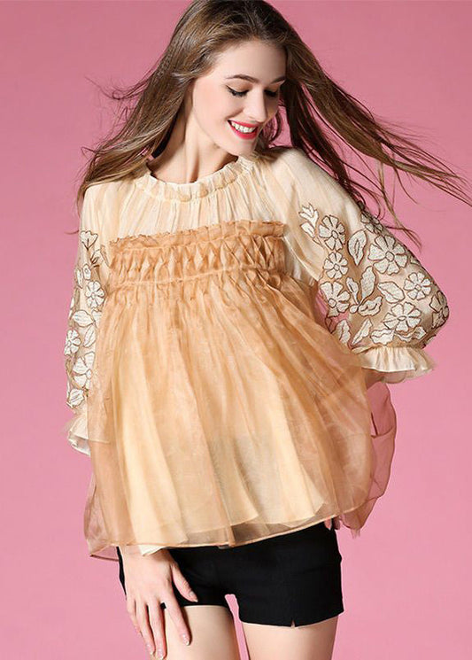 Yellow Embroidered Patchwork Tulle Shirt Top Spring