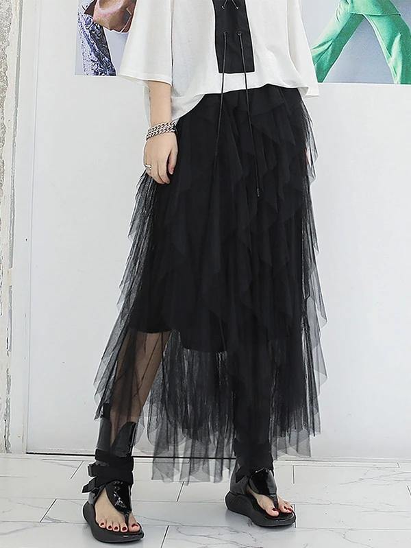 Mu Black Chiffon Skirt Sewing Asymmetric Art Summer Skirt