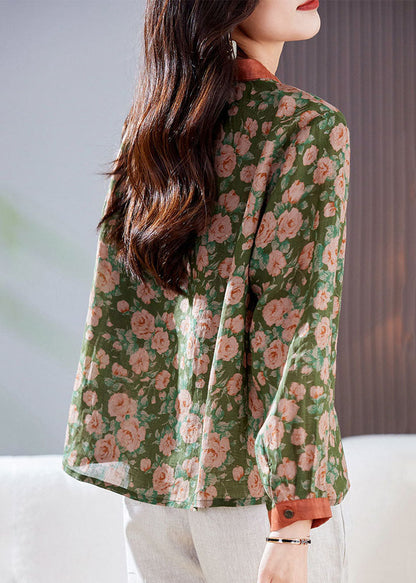 Green Peter Pan Collar Print Patchwork Linen Shirt Top Long Sleeve