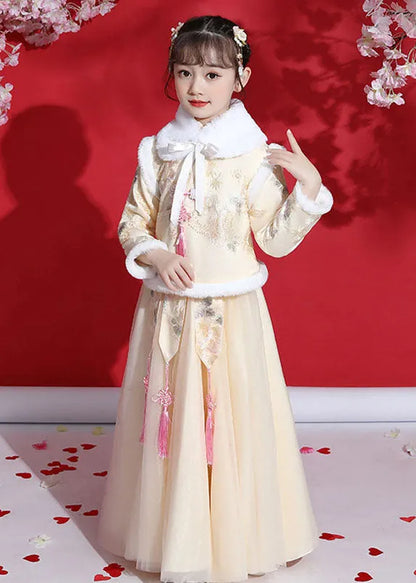Fine Champagne Peter Pan Collar Warm Fleece Tassel Kids Coats and Tulle Skirts Two Pieces Set Long Sleeve