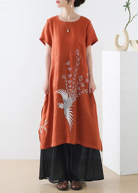 Orange Phoenix Embroideried Linen Side Open Summer Long Dress
