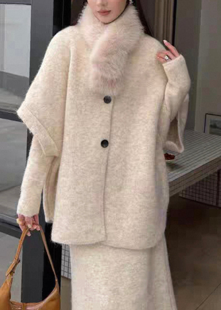 Slim Fit Beige Button Coat and Dresses Knit Three Piece Set Spring