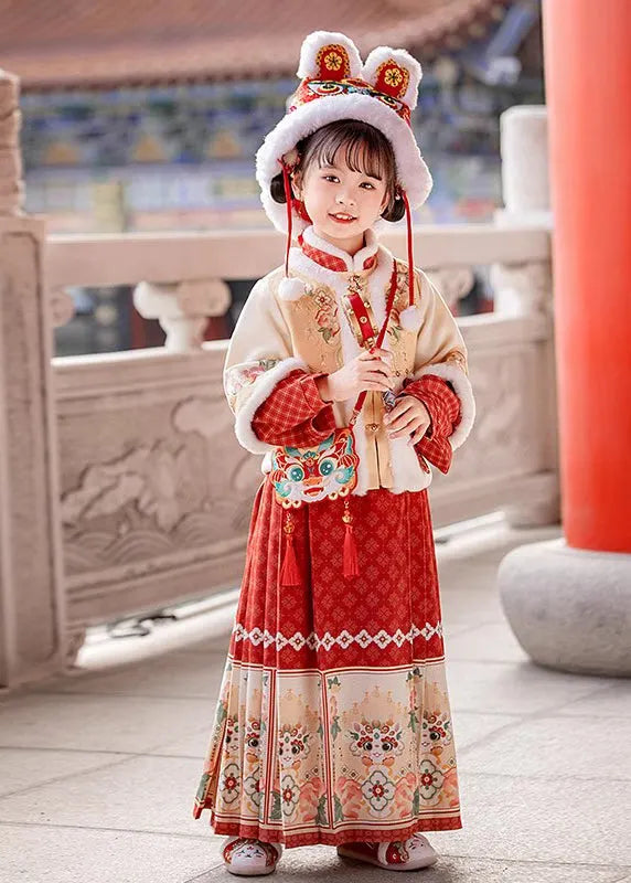 Handmade Beige Stand Collar Patchwork Warm Kids Coats and Maxi Skirts Two Pieces Set Winter