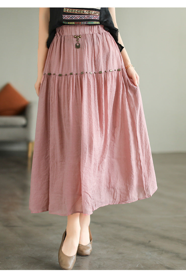Literary High Waist Double Layer Tencel Linen Stitching Slim Skirt