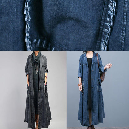 New Maxi Coat Fall Denim Black Notched Large Pockets Coat for Woman