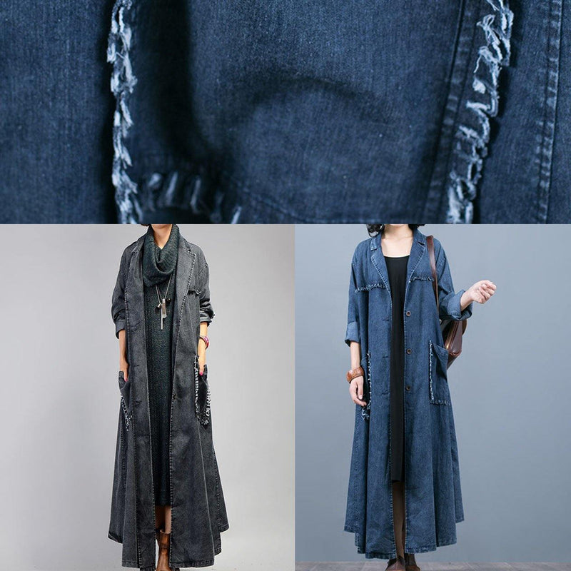 Denim Blue Coat Oversize Fall Coat Notched Large Pockets Coats