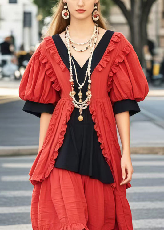 Colorblock Ruffled Patchwork Cotton Maxi Dresses Summer