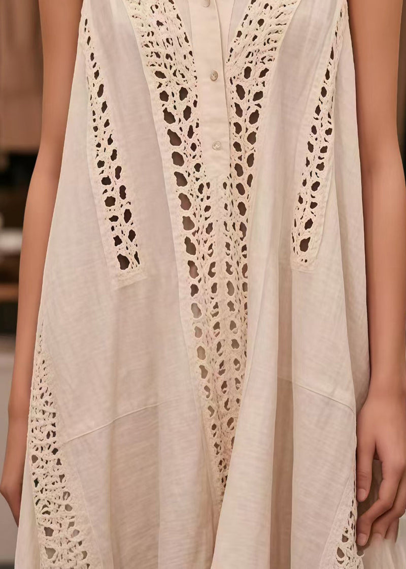 French White Oversized Hollow Out Cotton Dresses Sleeveless